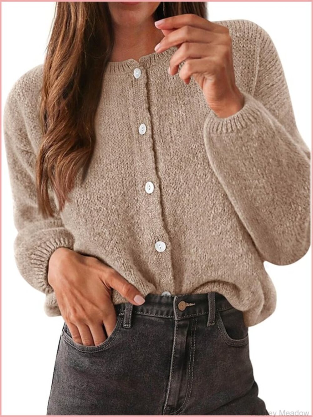 Casual Loose Fit Button Up Long Sleeve Crew Neck Knit Cardigan Sweater